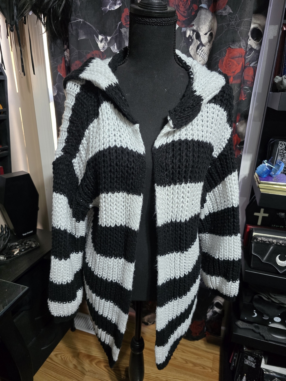 SHEIN Black and White Striped Hooded Knit Cardigan